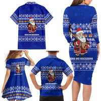 Bosnia and Herzegovina Christmas Family Matching Long Sleeve Bodycon Dress and Hawaiian Shirt with Santa Playing Traditional Instrument and Blue Snowflake Pattern - Wonder Print Shop