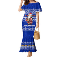Bosnia and Herzegovina Christmas Family Matching Mermaid Dress and Hawaiian Shirt with Santa Playing Traditional Instrument and Blue Snowflake Pattern - Wonder Print Shop