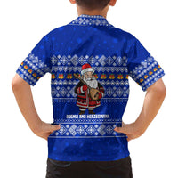 Bosnia and Herzegovina Christmas Family Matching Off The Shoulder Long Sleeve Dress and Hawaiian Shirt with Santa Playing Traditional Instrument and Blue Snowflake Pattern - Wonder Print Shop