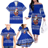 Bosnia and Herzegovina Christmas Family Matching Off The Shoulder Long Sleeve Dress and Hawaiian Shirt with Santa Playing Traditional Instrument and Blue Snowflake Pattern - Wonder Print Shop