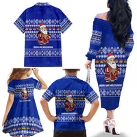 Bosnia and Herzegovina Christmas Family Matching Off The Shoulder Long Sleeve Dress and Hawaiian Shirt with Santa Playing Traditional Instrument and Blue Snowflake Pattern - Wonder Print Shop