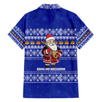 Bosnia and Herzegovina Christmas Family Matching Off The Shoulder Long Sleeve Dress and Hawaiian Shirt with Santa Playing Traditional Instrument and Blue Snowflake Pattern - Wonder Print Shop