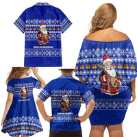 Bosnia and Herzegovina Christmas Family Matching Off Shoulder Short Dress and Hawaiian Shirt with Santa Playing Traditional Instrument and Blue Snowflake Pattern - Wonder Print Shop