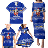 Bosnia and Herzegovina Christmas Family Matching Puletasi and Hawaiian Shirt with Santa Playing Traditional Instrument and Blue Snowflake Pattern - Wonder Print Shop