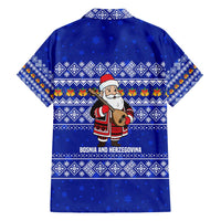 Bosnia and Herzegovina Christmas Family Matching Short Sleeve Bodycon Dress and Hawaiian Shirt with Santa Playing Traditional Instrument and Blue Snowflake Pattern - Wonder Print Shop