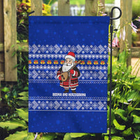 Bosnia and Herzegovina Christmas Garden Flag with Santa Playing Traditional Instrument and Blue Snowflake Pattern - Wonder Print Shop