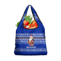 Bosnia and Herzegovina Christmas Grocery Bag with Santa Playing Traditional Instrument and Blue Snowflake Pattern - Wonder Print Shop