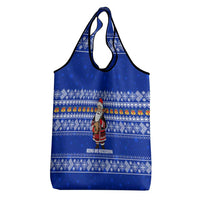 Bosnia and Herzegovina Christmas Grocery Bag with Santa Playing Traditional Instrument and Blue Snowflake Pattern - Wonder Print Shop