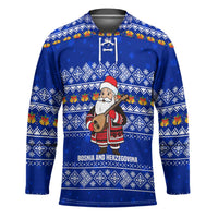 Bosnia and Herzegovina Christmas Hockey Jersey with Santa Playing Traditional Instrument and Blue Snowflake Pattern - Wonder Print Shop
