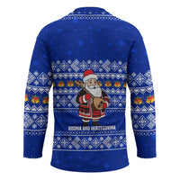 Bosnia and Herzegovina Christmas Hockey Jersey with Santa Playing Traditional Instrument and Blue Snowflake Pattern - Wonder Print Shop