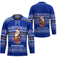 Bosnia and Herzegovina Christmas Hockey Jersey with Santa Playing Traditional Instrument and Blue Snowflake Pattern - Wonder Print Shop
