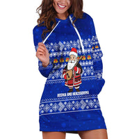 Bosnia and Herzegovina Christmas Hoodie Dress with Santa Playing Traditional Instrument and Blue Snowflake Pattern - Wonder Print Shop