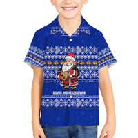 Bosnia and Herzegovina Christmas Kid Hawaiian Shirt with Santa Playing Traditional Instrument and Blue Snowflake Pattern - Wonder Print Shop