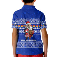 Bosnia and Herzegovina Christmas Kid Polo Shirt with Santa Playing Traditional Instrument and Blue Snowflake Pattern - Wonder Print Shop