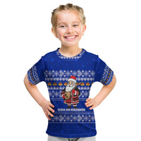 Bosnia and Herzegovina Christmas Kid T Shirt with Santa Playing Traditional Instrument and Blue Snowflake Pattern - Wonder Print Shop