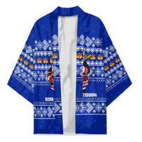Bosnia and Herzegovina Christmas Kimono with Santa Playing Traditional Instrument and Blue Snowflake Pattern - Wonder Print Shop