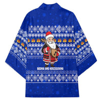 Bosnia and Herzegovina Christmas Kimono with Santa Playing Traditional Instrument and Blue Snowflake Pattern - Wonder Print Shop