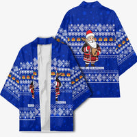 Bosnia and Herzegovina Christmas Kimono with Santa Playing Traditional Instrument and Blue Snowflake Pattern - Wonder Print Shop