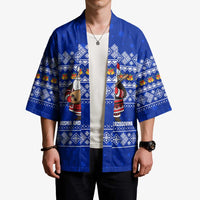 Bosnia and Herzegovina Christmas Kimono with Santa Playing Traditional Instrument and Blue Snowflake Pattern - Wonder Print Shop