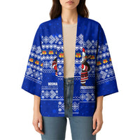 Bosnia and Herzegovina Christmas Kimono with Santa Playing Traditional Instrument and Blue Snowflake Pattern - Wonder Print Shop