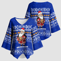 Bosnia and Herzegovina Christmas Kimono Sleeve Blouse with Santa Playing Traditional Instrument and Blue Snowflake Pattern - Wonder Print Shop