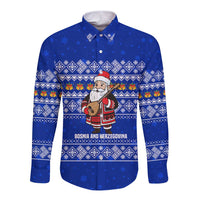 Bosnia and Herzegovina Christmas Long Sleeve Button Shirt with Santa Playing Traditional Instrument and Blue Snowflake Pattern - Wonder Print Shop