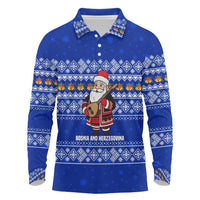 Bosnia and Herzegovina Christmas Long Sleeve Polo Shirt with Santa Playing Traditional Instrument and Blue Snowflake Pattern - Wonder Print Shop