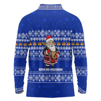 Bosnia and Herzegovina Christmas Long Sleeve Polo Shirt with Santa Playing Traditional Instrument and Blue Snowflake Pattern - Wonder Print Shop