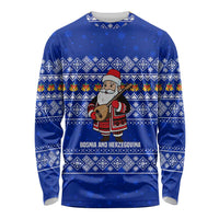 Bosnia and Herzegovina Christmas Long Sleeve Shirt with Santa Playing Traditional Instrument and Blue Snowflake Pattern - Wonder Print Shop