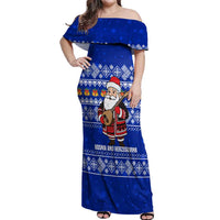Bosnia and Herzegovina Christmas Off Shoulder Maxi Dress with Santa Playing Traditional Instrument and Blue Snowflake Pattern - Wonder Print Shop