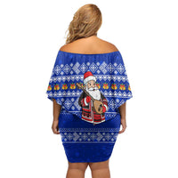 Bosnia and Herzegovina Christmas Off Shoulder Short Dress with Santa Playing Traditional Instrument and Blue Snowflake Pattern - Wonder Print Shop