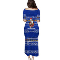 Bosnia and Herzegovina Christmas Puletasi with Santa Playing Traditional Instrument and Blue Snowflake Pattern - Wonder Print Shop