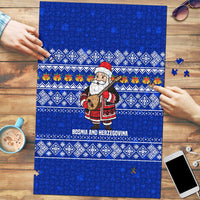 Bosnia and Herzegovina Christmas Puzzle with Santa Playing Traditional Instrument and Blue Snowflake Pattern - Wonder Print Shop