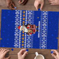 Bosnia and Herzegovina Christmas Puzzle with Santa Playing Traditional Instrument and Blue Snowflake Pattern - Wonder Print Shop