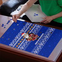 Bosnia and Herzegovina Christmas Puzzle with Santa Playing Traditional Instrument and Blue Snowflake Pattern - Wonder Print Shop