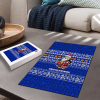 Bosnia and Herzegovina Christmas Puzzle with Santa Playing Traditional Instrument and Blue Snowflake Pattern - Wonder Print Shop