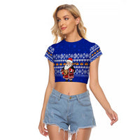 Bosnia and Herzegovina Christmas Raglan Cropped T Shirt with Santa Playing Traditional Instrument and Blue Snowflake Pattern - Wonder Print Shop