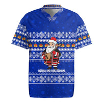 Bosnia and Herzegovina Christmas Rugby Jersey with Santa Playing Traditional Instrument and Blue Snowflake Pattern - Wonder Print Shop