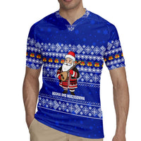 Bosnia and Herzegovina Christmas Rugby Jersey with Santa Playing Traditional Instrument and Blue Snowflake Pattern - Wonder Print Shop