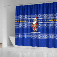 Bosnia and Herzegovina Christmas Shower Curtain with Santa Playing Traditional Instrument and Blue Snowflake Pattern - Wonder Print Shop