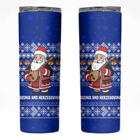 Bosnia and Herzegovina Christmas Skinny Tumbler with Santa Playing Traditional Instrument and Blue Snowflake Pattern - Wonder Print Shop
