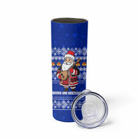 Bosnia and Herzegovina Christmas Skinny Tumbler with Santa Playing Traditional Instrument and Blue Snowflake Pattern - Wonder Print Shop