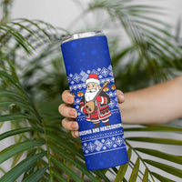 Bosnia and Herzegovina Christmas Skinny Tumbler with Santa Playing Traditional Instrument and Blue Snowflake Pattern - Wonder Print Shop