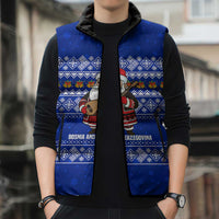 Bosnia and Herzegovina Christmas Sleeveless Puffer Jacket with Santa Playing Traditional Instrument and Blue Snowflake Pattern - Wonder Print Shop