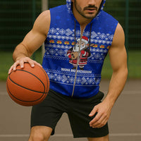 Bosnia and Herzegovina Christmas Sleeveless Zip Hoodie with Santa Playing Traditional Instrument and Blue Snowflake Pattern - Wonder Print Shop