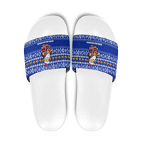 Bosnia and Herzegovina Christmas Slide Sandals with Santa Playing Traditional Instrument and Blue Snowflake Pattern - Wonder Print Shop