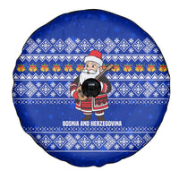 Bosnia and Herzegovina Christmas Spare Tire Cover with Santa Playing Traditional Instrument and Blue Snowflake Pattern - Wonder Print Shop
