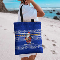Bosnia and Herzegovina Christmas Tote Bag with Santa Playing Traditional Instrument and Blue Snowflake Pattern - Wonder Print Shop