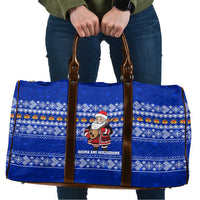 Bosnia and Herzegovina Christmas Travel Bag with Santa Playing Traditional Instrument and Blue Snowflake Pattern - Wonder Print Shop