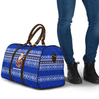Bosnia and Herzegovina Christmas Travel Bag with Santa Playing Traditional Instrument and Blue Snowflake Pattern - Wonder Print Shop
